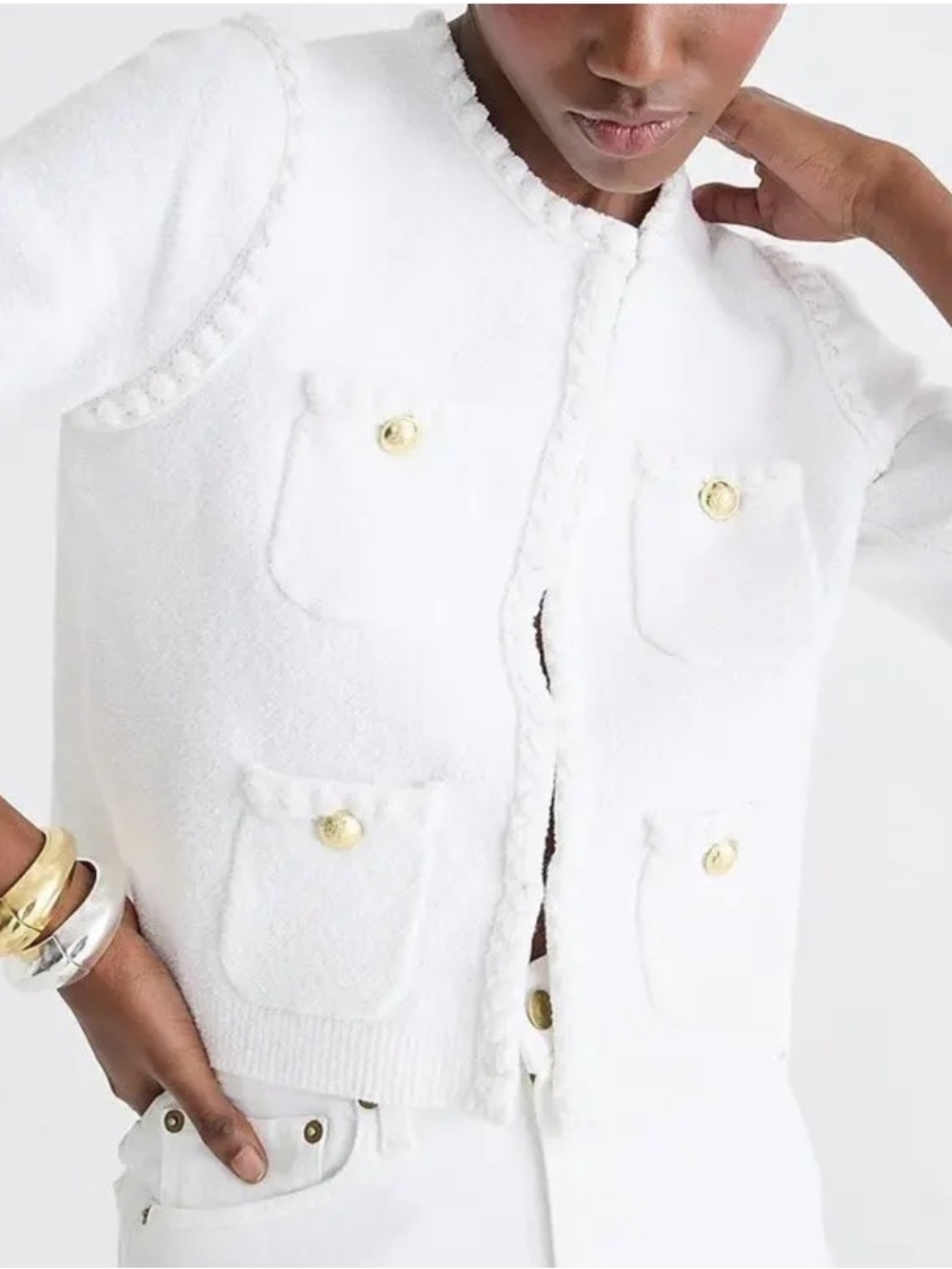 J.CREW White Odette Sweater Lady Jacket In Cotton-Blend Bouclel Size M